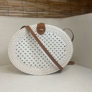 White and Tan Woven Crossbody Bag